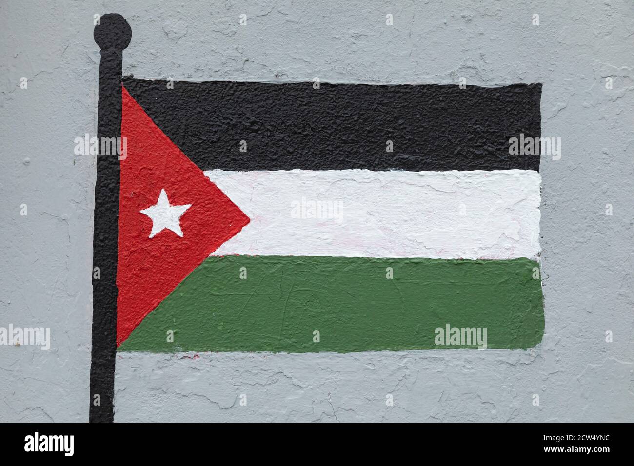 Kindliche Stil Zeichnung, der Flagge Jordaniens, auf einer Wand gemalt. Stockfoto