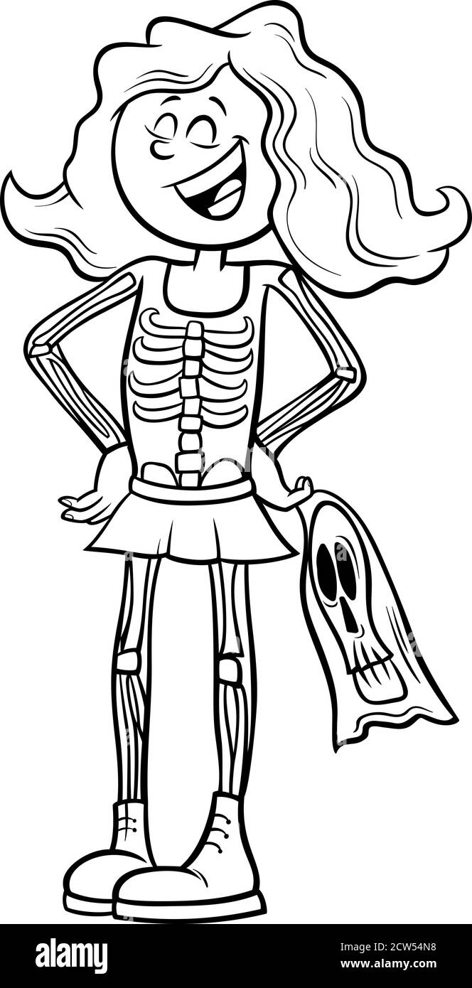 Schwarz-Weiß Cartoon Illustration von Mädchen im Skelett Kostüm Auf Halloween Party oder Masked Ball Malbuch Seite Stock Vektor