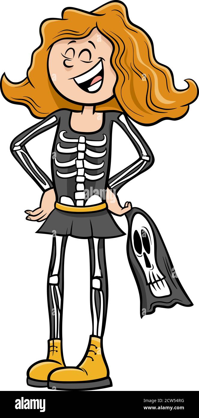 Cartoon Illustration von Mädchen im Skelett Kostüm auf Halloween Party Oder Masked Ball Stock Vektor