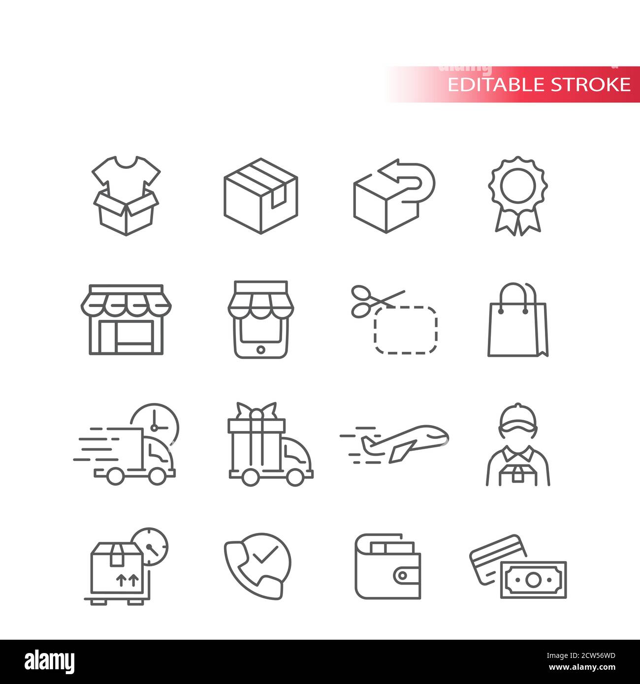 E-Commerce dünne Linie Vektor-Icon-Set. E-Commerce, Online-Shopping-Gliederungssymbole, bearbeitbarer Strich. Stock Vektor