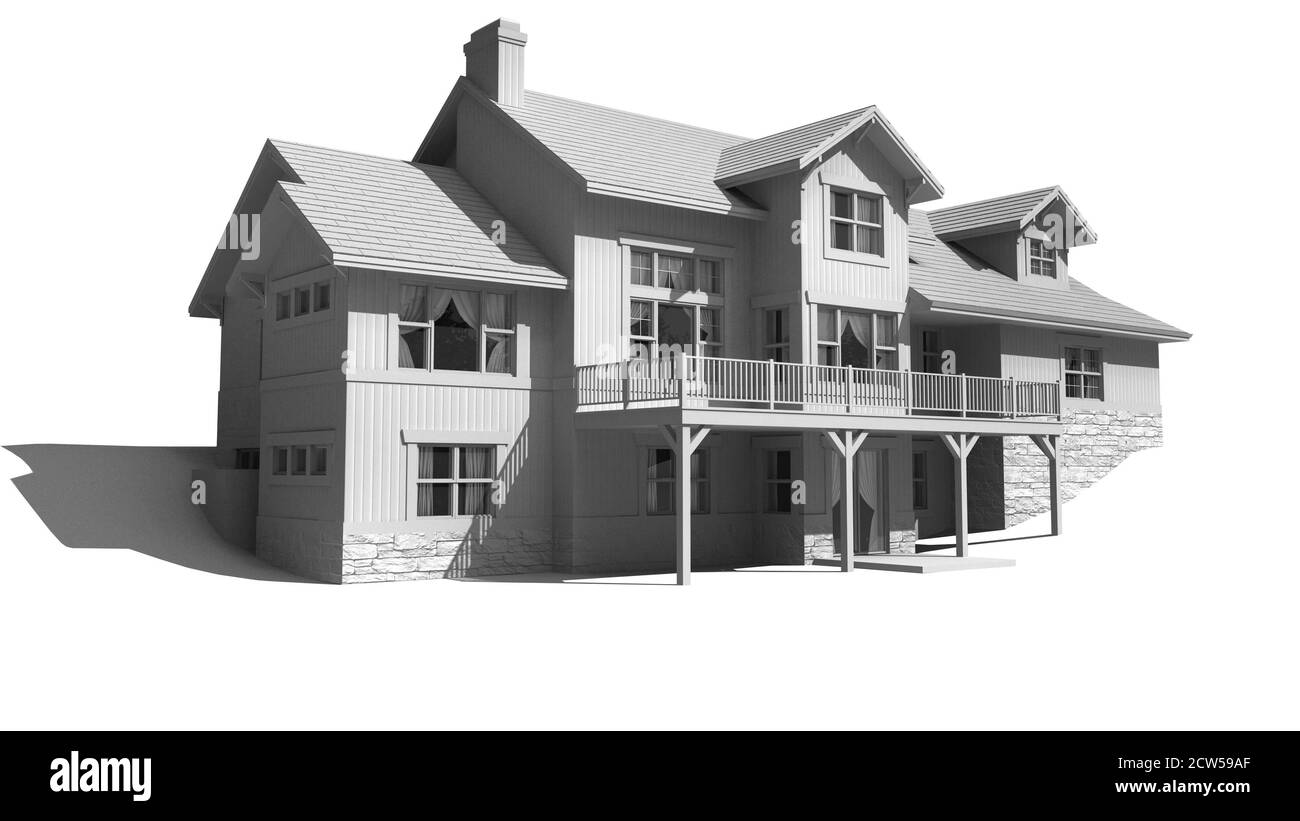 3D Illustration eines dreistöckigen Hauses mit einem zeitgenössischen architektonischen Design, in schwarz-weiß, mit dem Clipping-Pfad in der Datei enthalten. Stockfoto