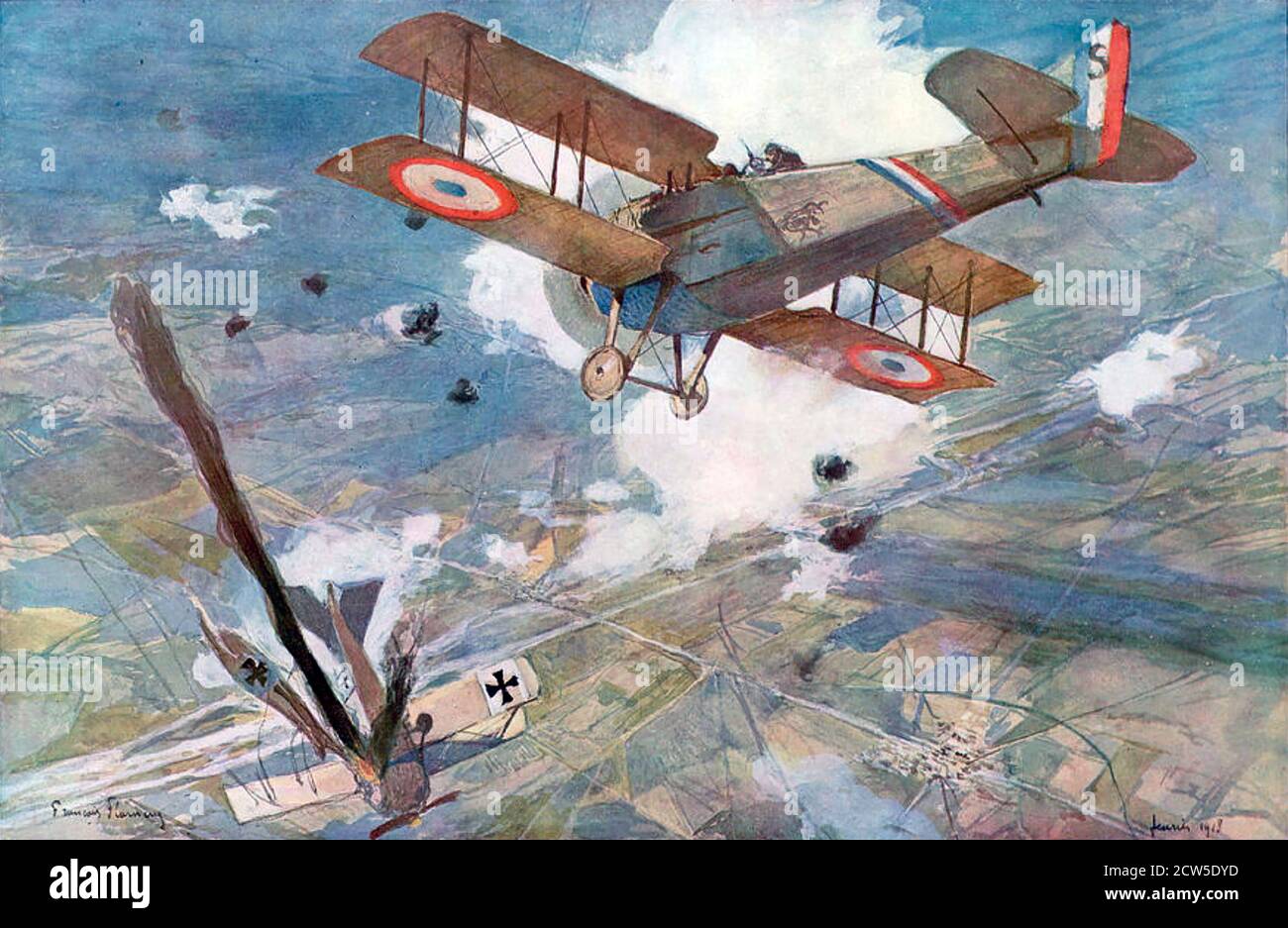 ERSTES KRIEGSFLUGZEUG EIN französisches SPAD schießt ein Deutsche Albatros Stockfoto