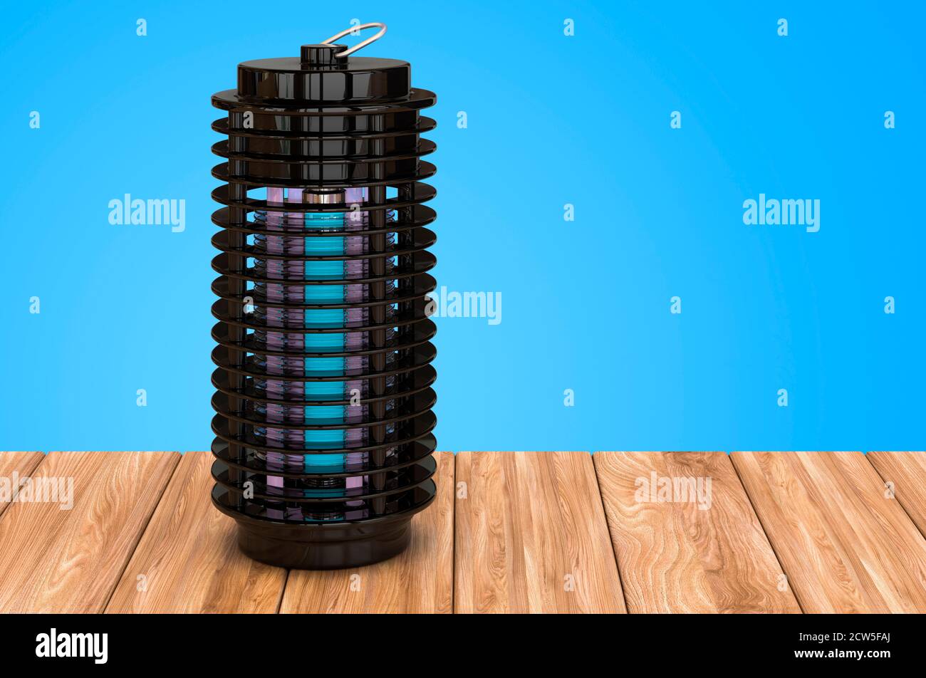 Lampe Mücke elektrische Insektenvernichter, Laterne auf dem Holztisch, 3D-Rendering Stockfoto