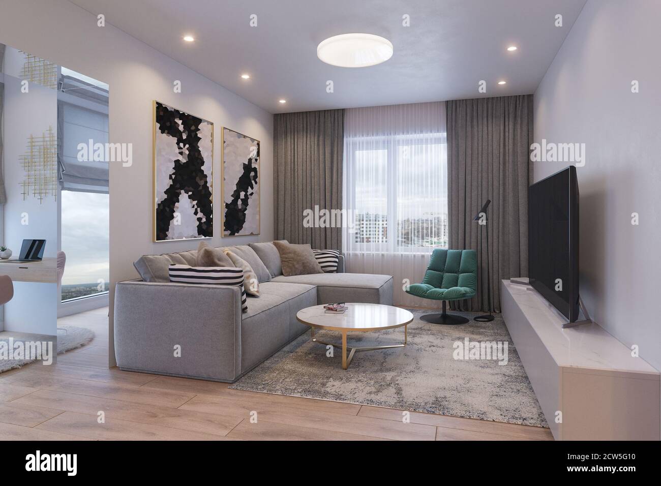 Eine Serie von 3d-Illustrationen von Innen-Wohnzimmer mit Unterschiedliche Beleuchtung Stockfoto