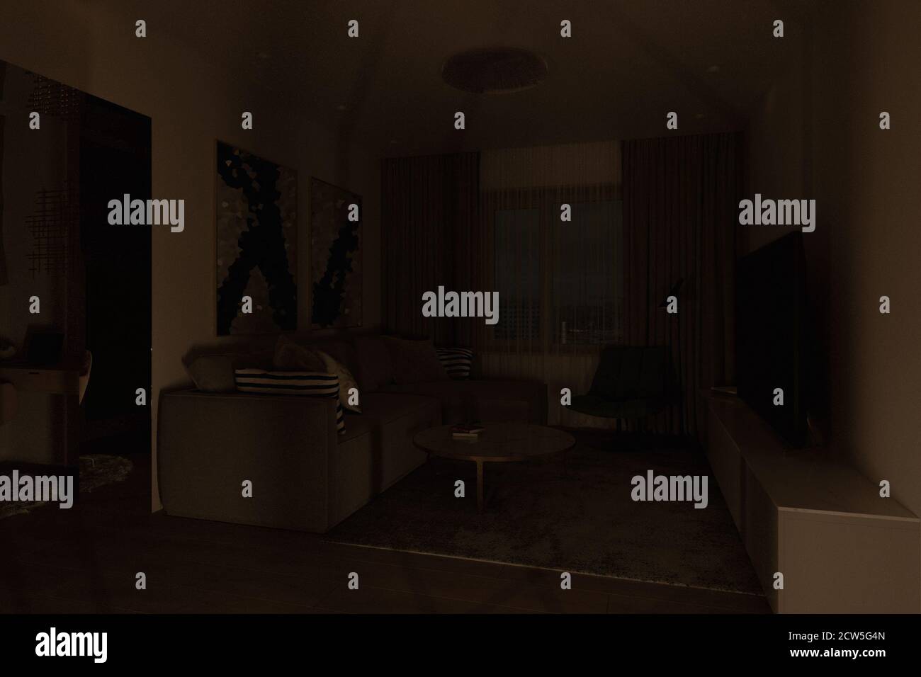 Eine Serie von 3d-Illustrationen von Innen-Wohnzimmer mit Unterschiedliche Beleuchtung Stockfoto