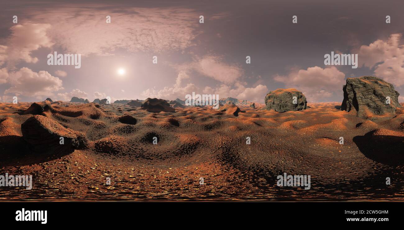 Landschaft des Planeten Mars, 8K HDRI-Karte, sphärischer Panorama-Hintergrund, Lichtquellenumgebung (3d equirectangulant Rendering) Stockfoto