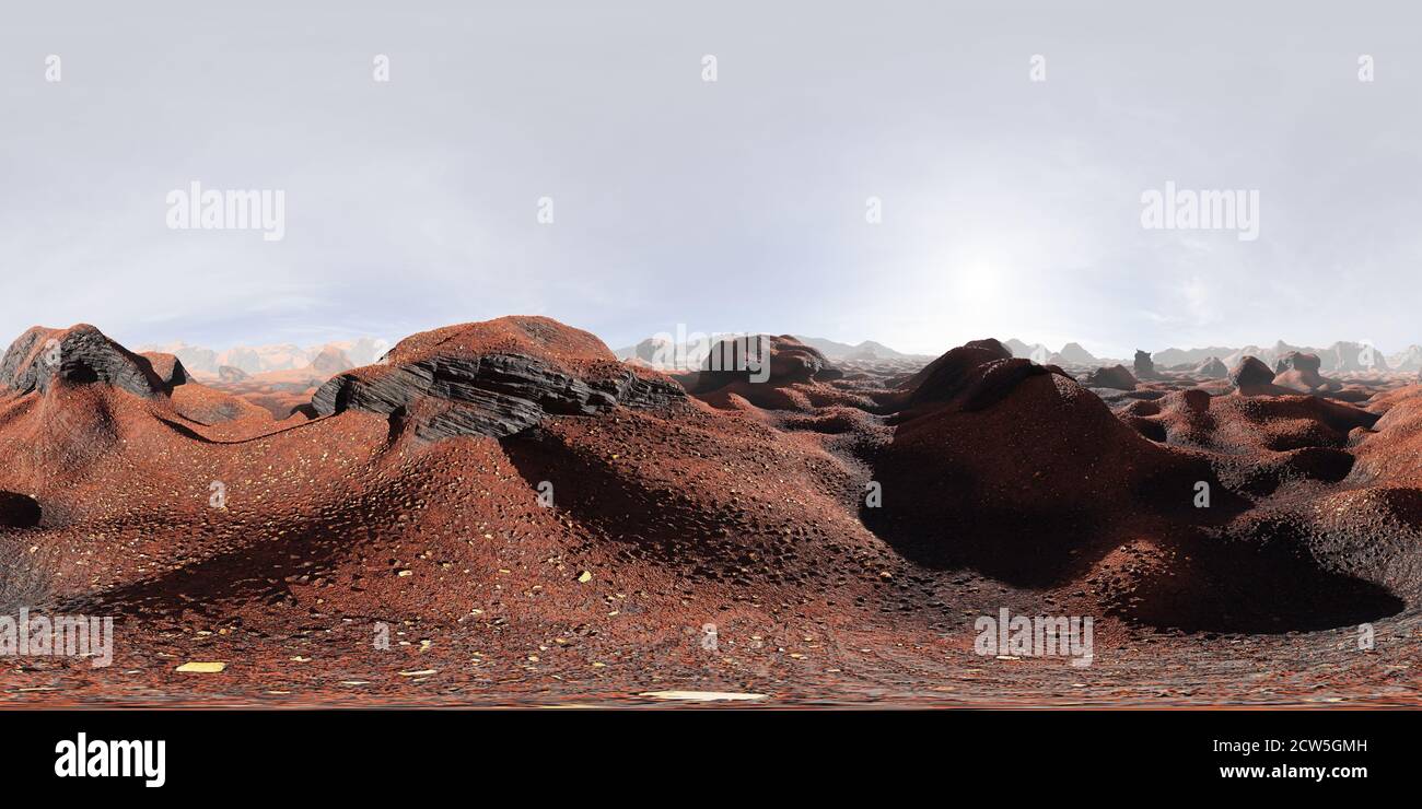 8K HDRI-Karte, Planetenoberfläche Mars, sphärischer Panoramafrondhintergrund, Lichtquellendarstellung (3d equirectangulant Rendering) Stockfoto