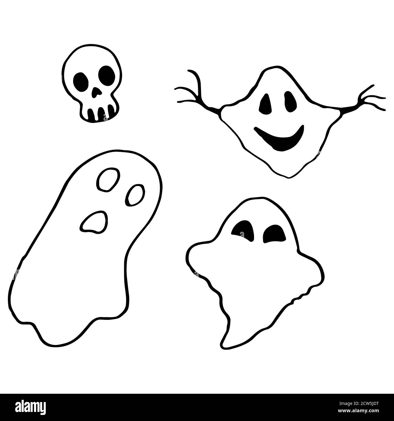 Halloween Geister Symbol auf weißen isolierten Hintergrund gesetzt. Totenkopf Symbol für Einladung oder Geschenkkarte, Notizbuch, Badetuch, Sammelalbum. Telefontasche oder Tuch PR Stock Vektor