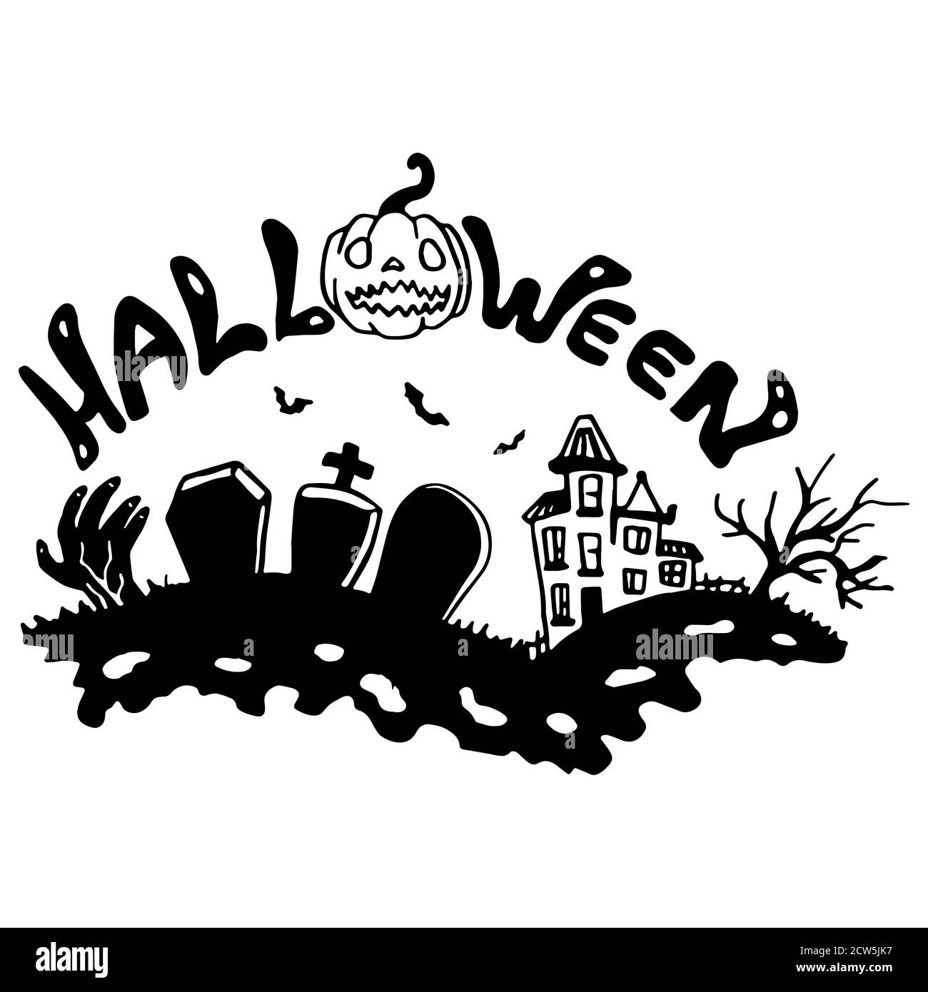 Halloween Text auf weißem isolierten Hintergrund. Gruseliger Hausfriedhof für Einladung oder Geschenkkarte, Notizbuch, Badetuch, Sammelalbum. Telefontasche oder Tuch pri Stock Vektor