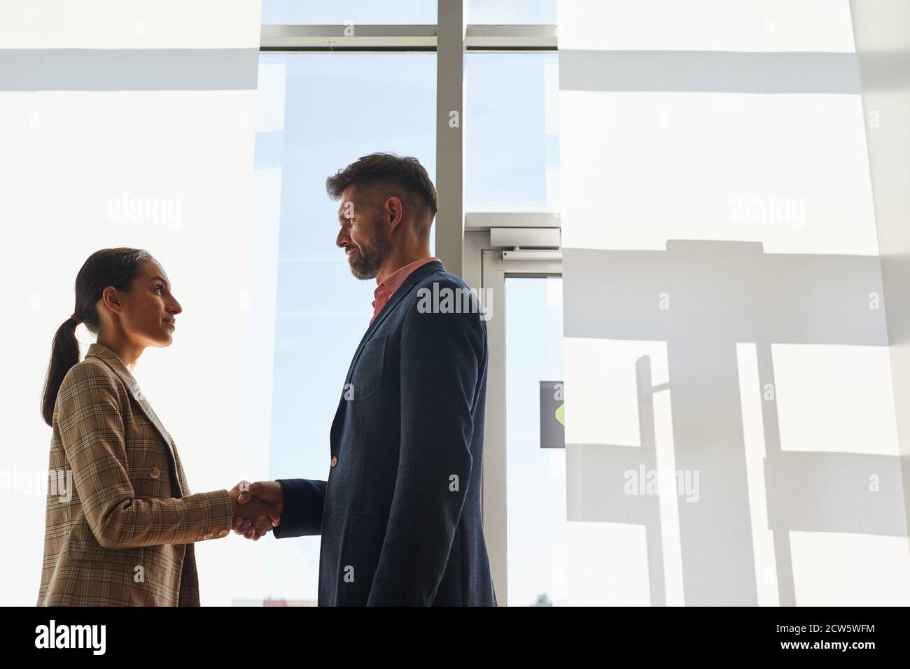 Taille oben Seitenansicht auf zwei moderne Geschäftsleute Mann Und Frau schüttelt die Hände Stockfoto