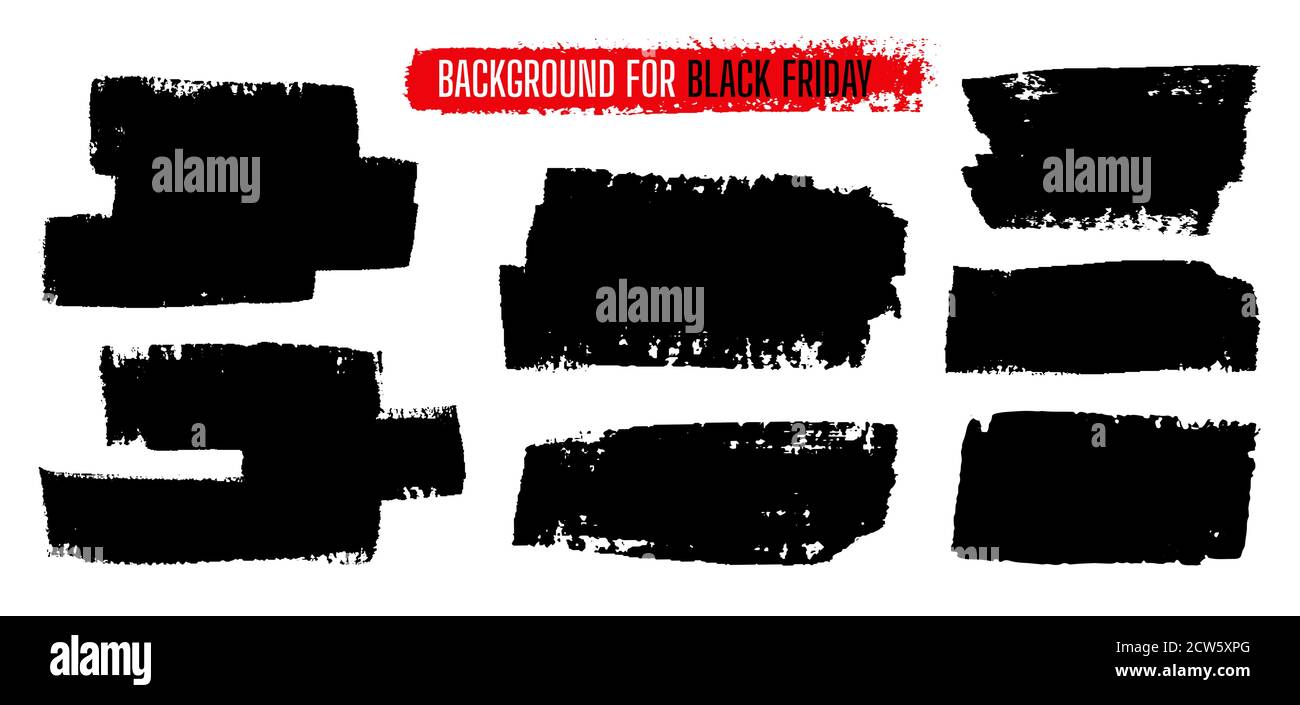 Black Friday Verkauf Farbe Quadrat Banner Vorlage Set. Tintenmalerei, Pinselstrich. Aquarell Grunge Textur. Schwarz schmutzig Splash Blots Form Rand Hintergrund. Isolierte Vektordarstellung Stock Vektor