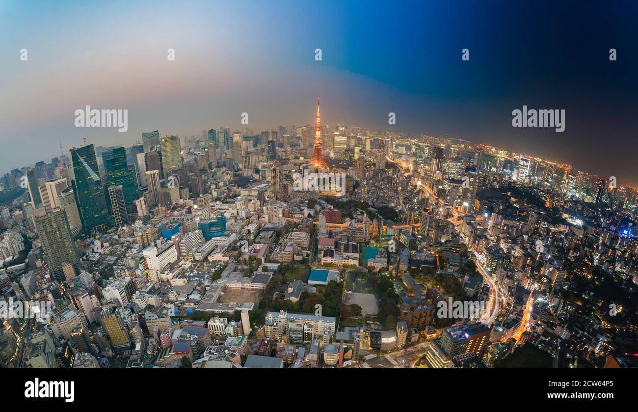 Tokio von Tag zu Nacht, Fischaugen Blick Stockfoto