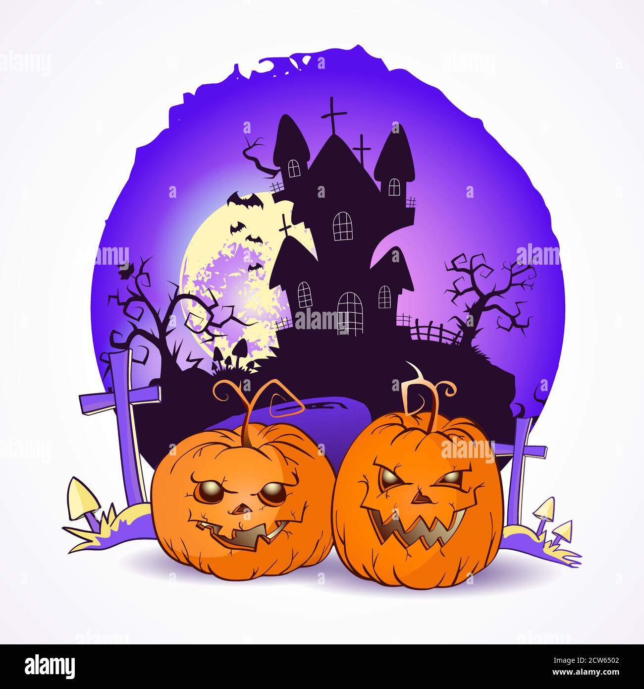 Halloween Vektor-Illustration mit Kürbissen Köpfe und Gräber auf dem Nachthimmel Hintergrund des Vollmondes, Haken und düstere Burg. Stock Vektor