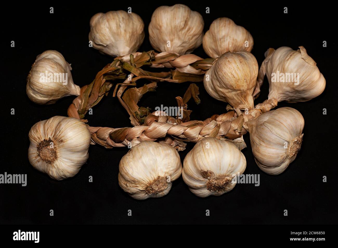 Horizontales Kunstfoto von einem Bund Knoblauch Nahaufnahme Schwarzer Hintergrund Stockfoto