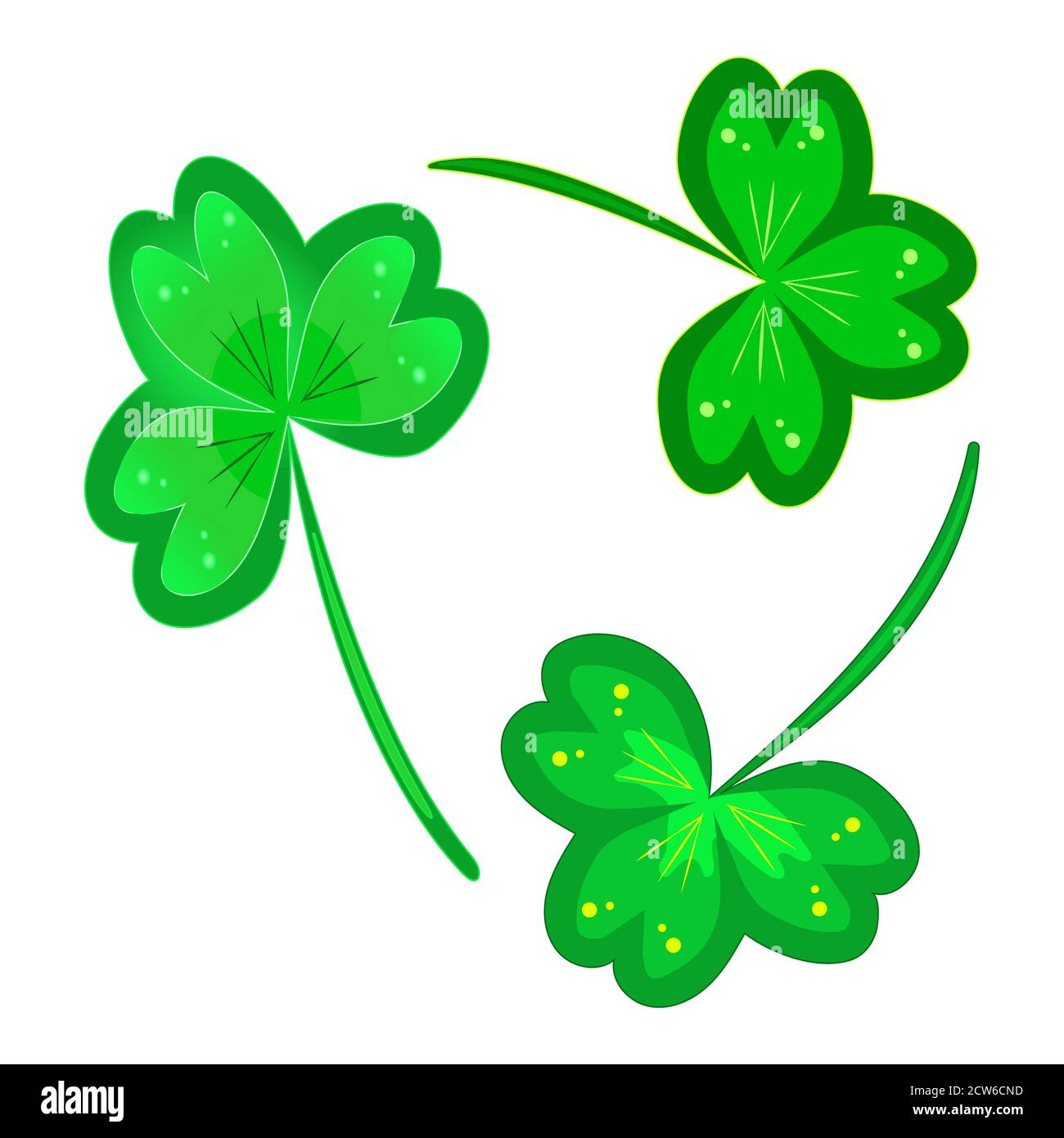 Klee isoliert auf weißem Hintergrund. Glückliche drei Blatt Kleeblätter oder Kleeblatt Symbol für St. Patricks Tag. Set aus grünen Kleeblättern. Vektorgrafik Stock Vektor