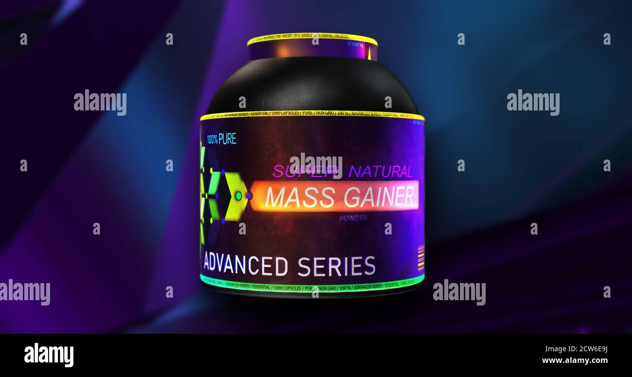 Mass Gainer Supplement Behälter. Bunte Sport Ernährung Paket, Mass Gainer 3D-Illustration Stockfoto