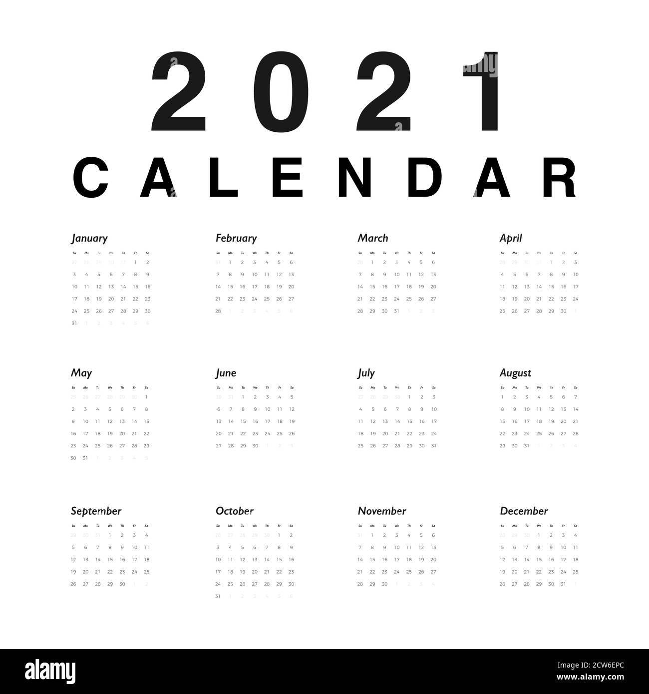 Kalender 2021 Jahr. Schwarze Zahlen von Tagen auf weißem Hintergrund. Vektor Stock Vektor