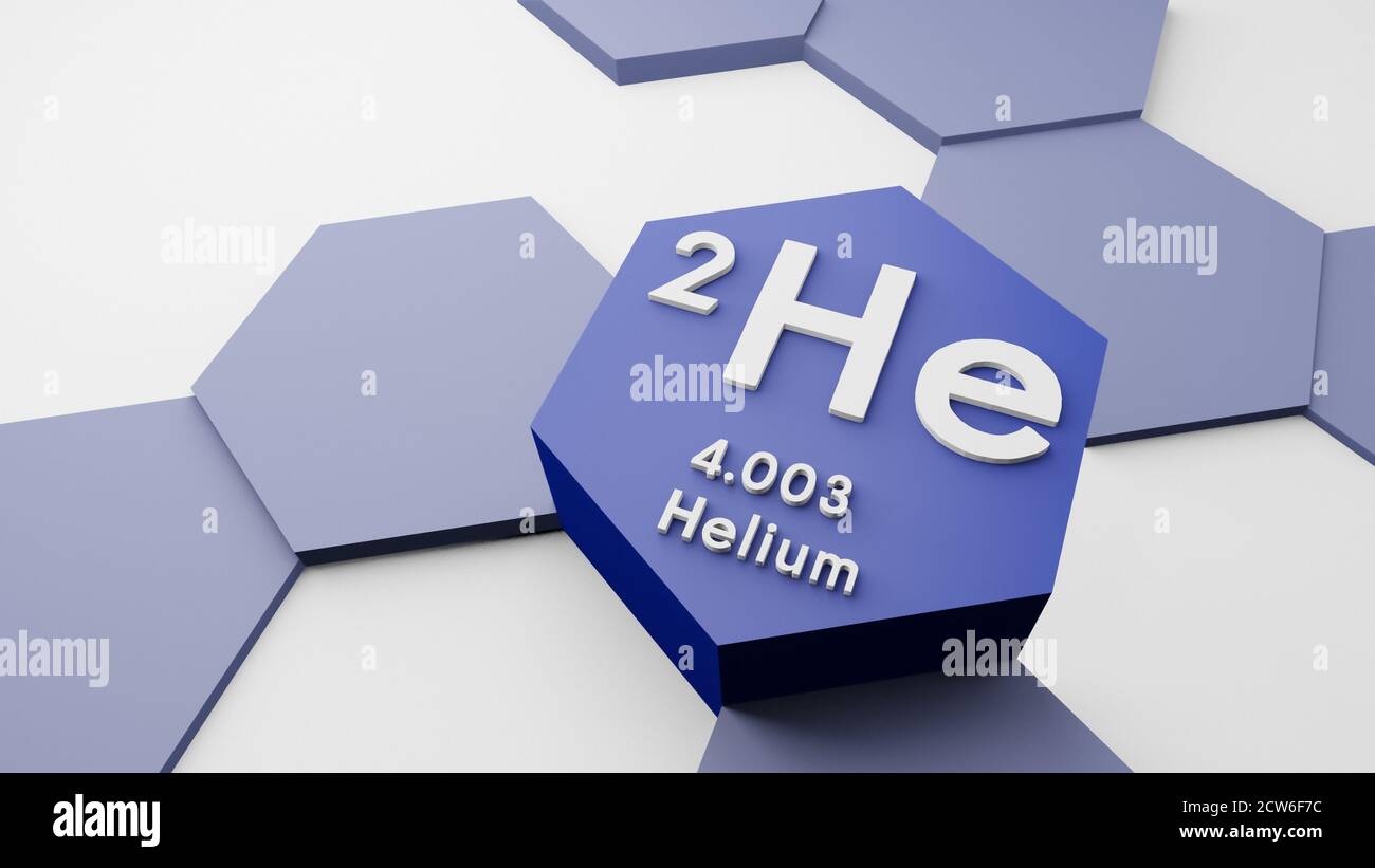 Helium He Gas, chemisches Element aus dem Periodensystem, Wissenschaft oder wissenschaftliches Symbol, 3d-Illustration, konzeptuelle Forschung oder Bildung Atomgewicht Stockfoto