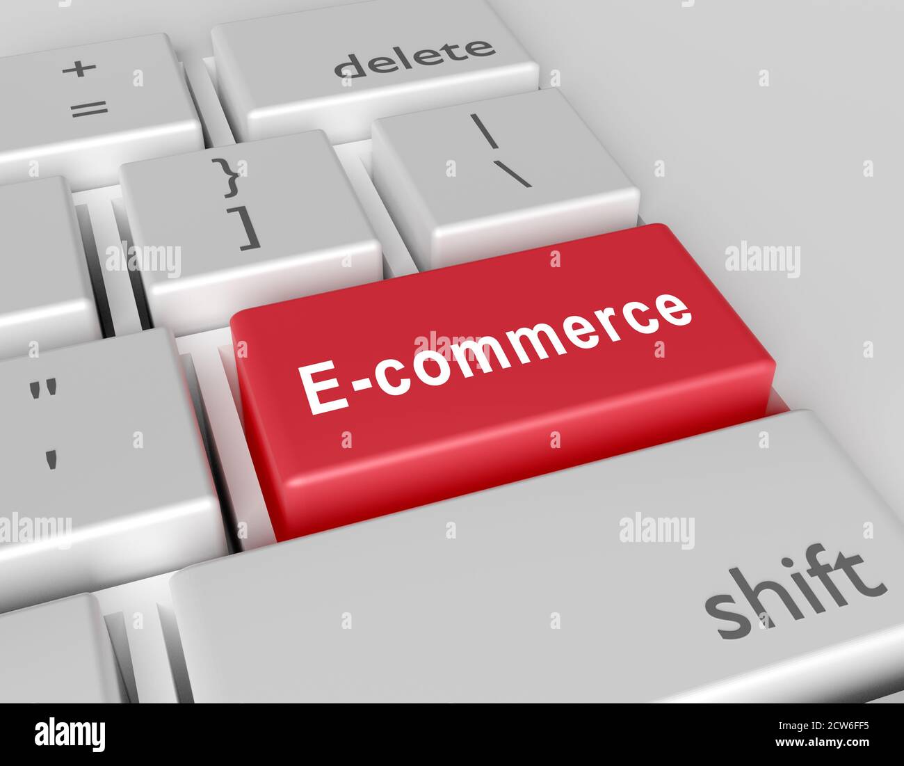 Word E-Commerce auf einer Computertastatur geschrieben. Konzeptionelles Bild auf einer Computertaste Enter. 3d-Rendering Stockfoto