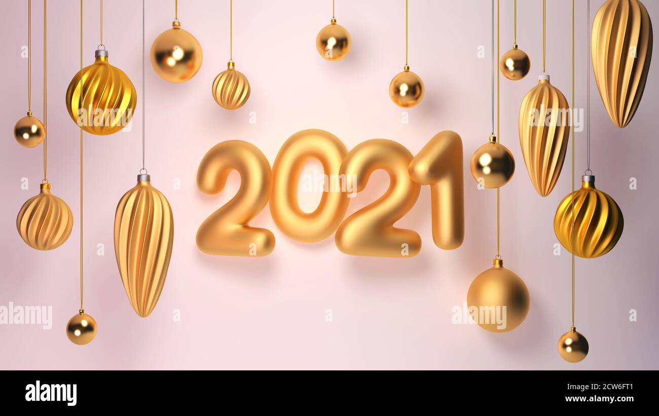 3d-Rendering 2021 Jahr, Weihnachtskugeln, Grußkarte Urlaub weihnachten und Neujahr, Horizontal moderne Illustration. Stockfoto