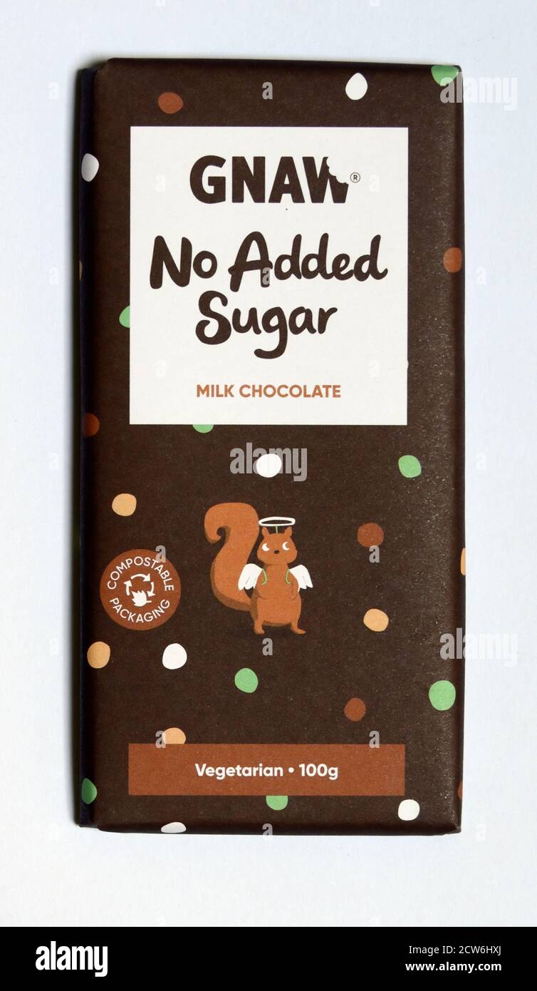 Gnaw Chocolate Limited, gegründet 2011, hat seinen Sitz in Norwich, Norfolk, England, Großbritannien, Europa. Das Unternehmen ist spezialisiert auf vegetarische, oder Stockfoto