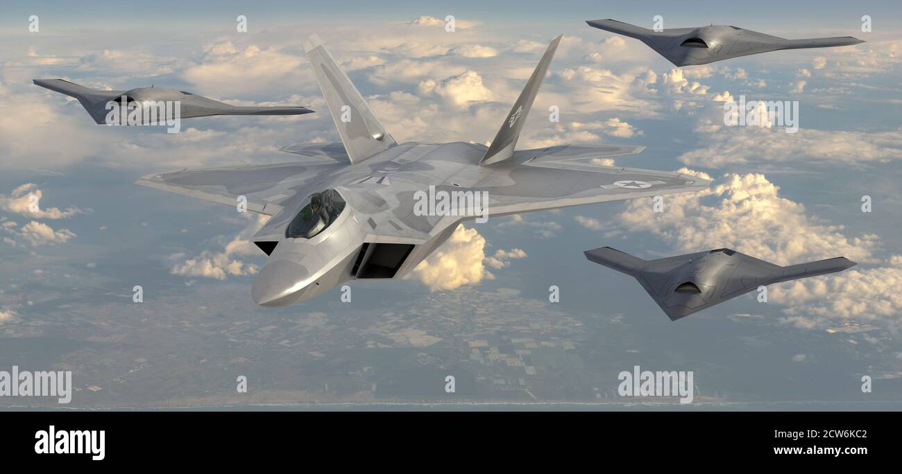 Lockheed Martin F-22 Raptor in einer Formation mit Kampfdrohnen aus dem loyalen Wingman-Programm, künstlerische Vision. Stockfoto