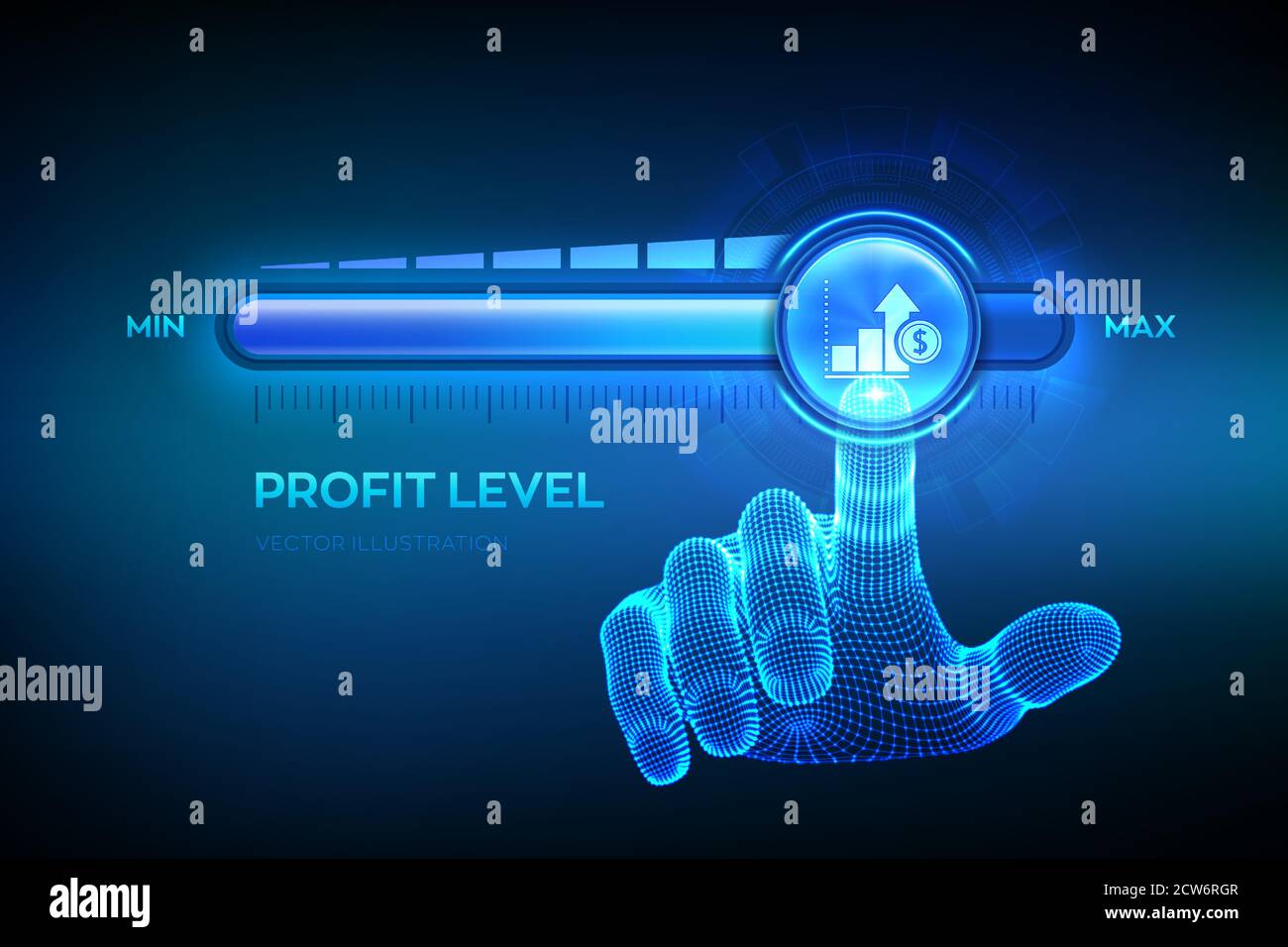 Steigerung Des Gewinns. Wireframe Hand zieht bis zur maximalen Position Fortschrittsbalken mit dem Gewinn-Symbol. Finanzkonzept der Rentabilität oder Stock Vektor