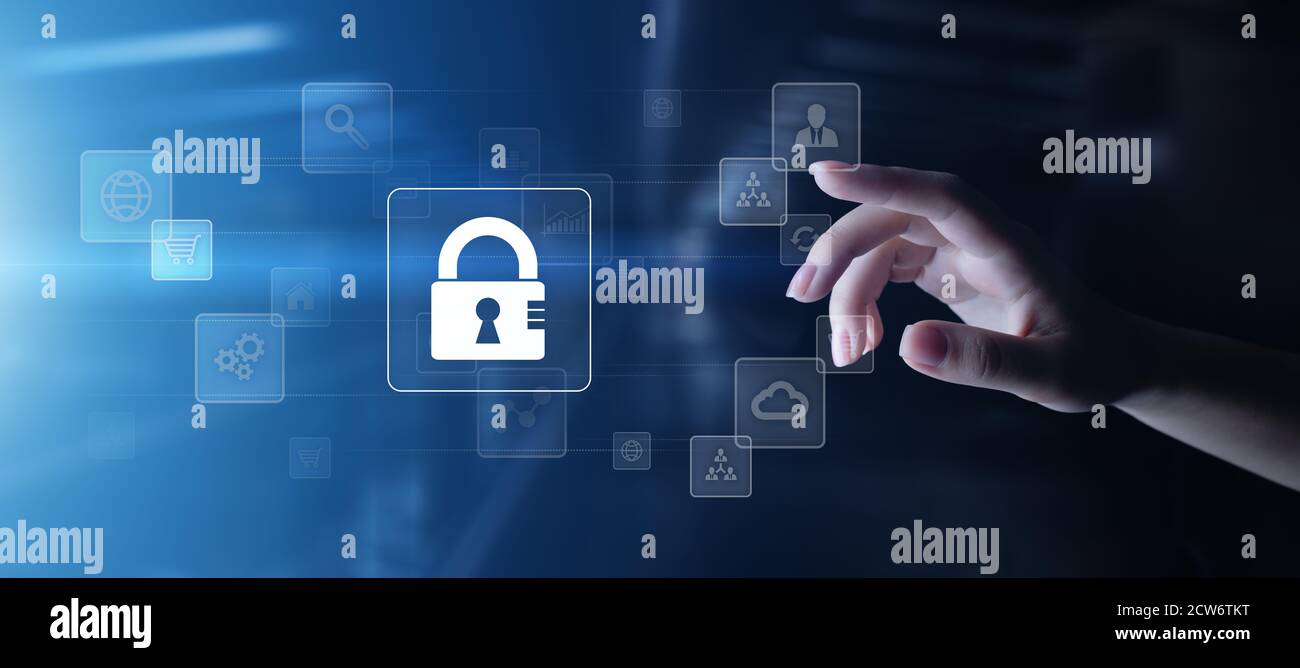 Cybersicherheit, Schutz personenbezogener Daten, Datenschutz. Vorhängeschloss-Symbol auf dem virtuellen Bildschirm. Internet- und Technologiekonzept. Stockfoto