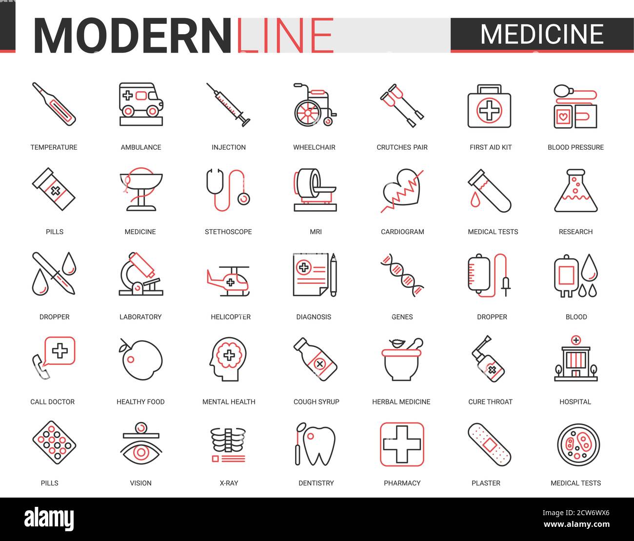 Medizin Gesundheitswesen dünne Linie Symbol Vektor Illustration Set. Rot schwarz dünne lineare Design-Kollektion, medizinische Gesundheitsversorgung Symbole für mobile Apps mit Krankenhaus Forschung Laborgeräte, Arzt Behandlung Stock Vektor