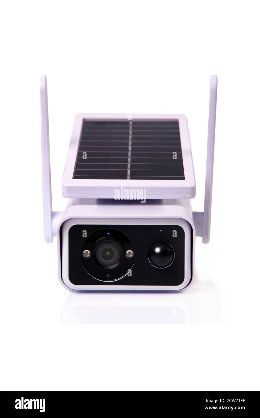 Frontansicht Foto von Solarenergie cctv auf weißem Hintergrund. Stockfoto