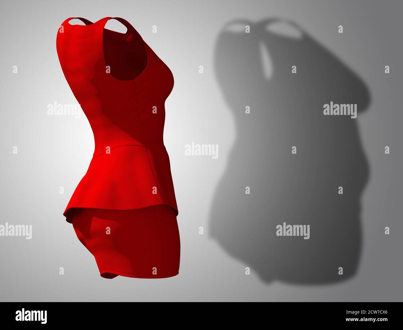 Conceptual Fett übergewichtig fettleibig Schatten weibliche Bluse und Rock vs schlank fit gesunden Körper nach Gewichtsverlust oder Diät dünne junge Frau auf grau. Stockfoto