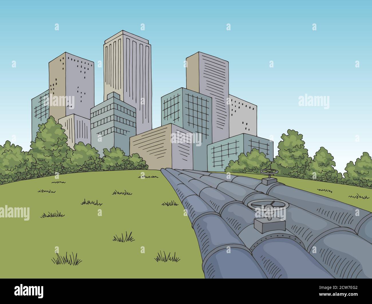 City Pipes Grafik Farbe Stadtbild Skyline Skizze Illustration Vektor Stock Vektor