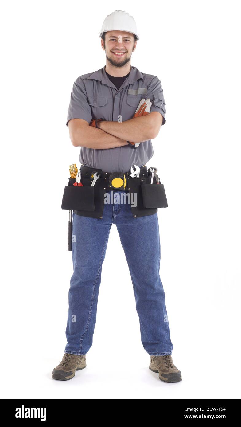 Zimmermann mit Werkzeugriemen isoliert auf weiß Stockfoto