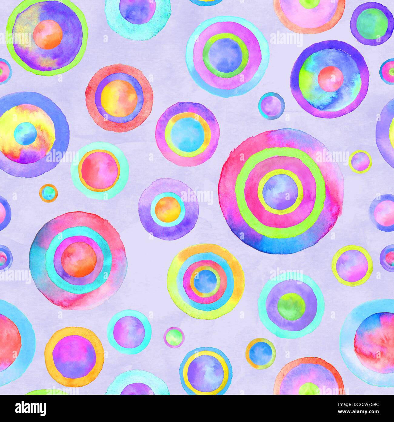 Kreis mehrfarbige Aquarell nahtlose Muster. Abstrakte Aquarell bunte Kreise auf lila Lavendel Hintergrund. Handgezeichnete runde Textur Stockfoto