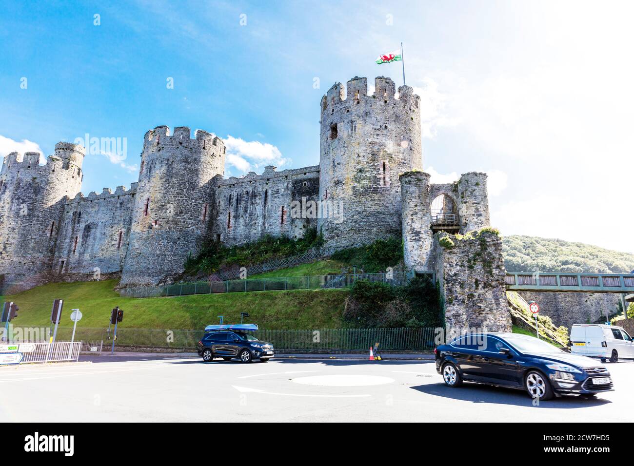 Conwy Castle, Castle, Conwy, Conwy Town, Conwy Wales, Wales, North Wales, UK, Castell Conwy, Conwy Castle Walls, außen, Fassade, Stockfoto