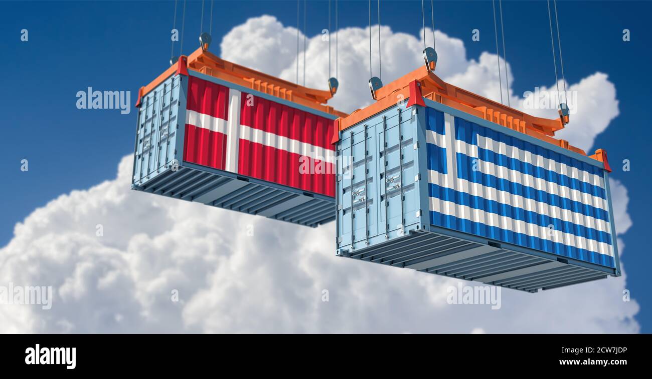 Frachtcontainer mit Dänemark und Griechenland Nationalflagge. 3D-Rendering Stockfoto