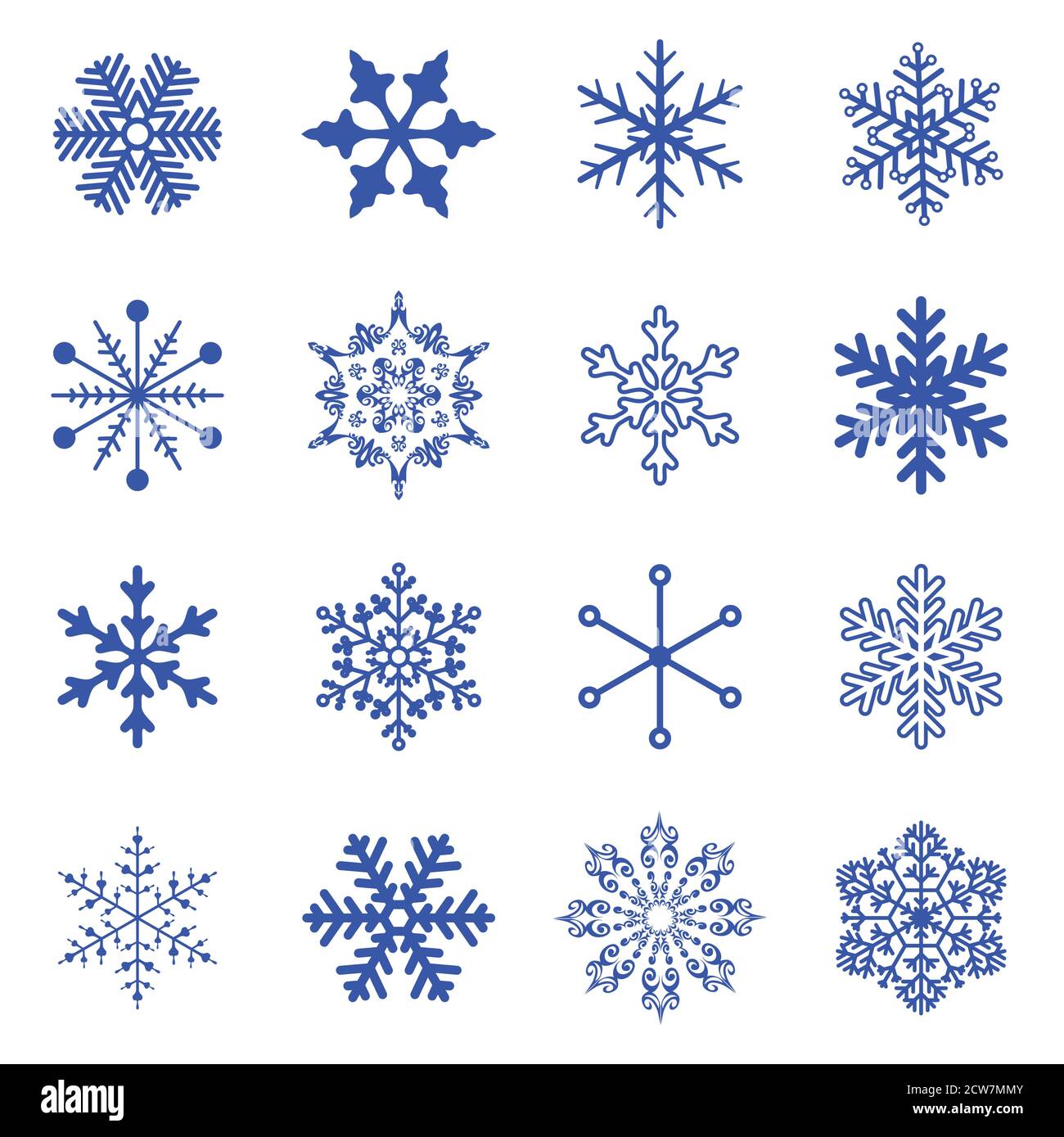 Vektor-Set von blauen einfachen Schneeflocken auf weißem Hintergrund. Stock Vektor