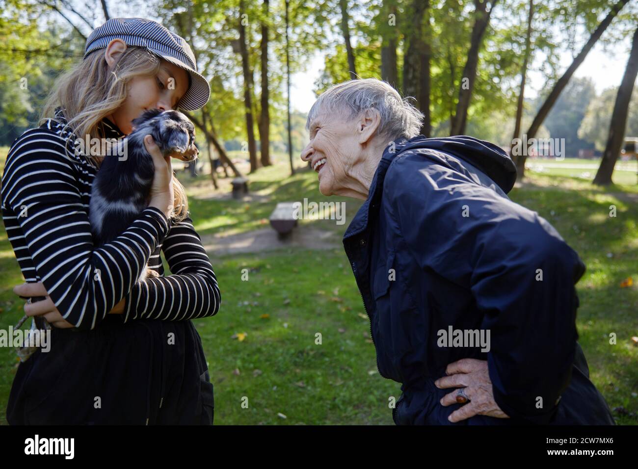 Ältere Frauen und Mädchen spielen mit Hund im Park Stockfoto