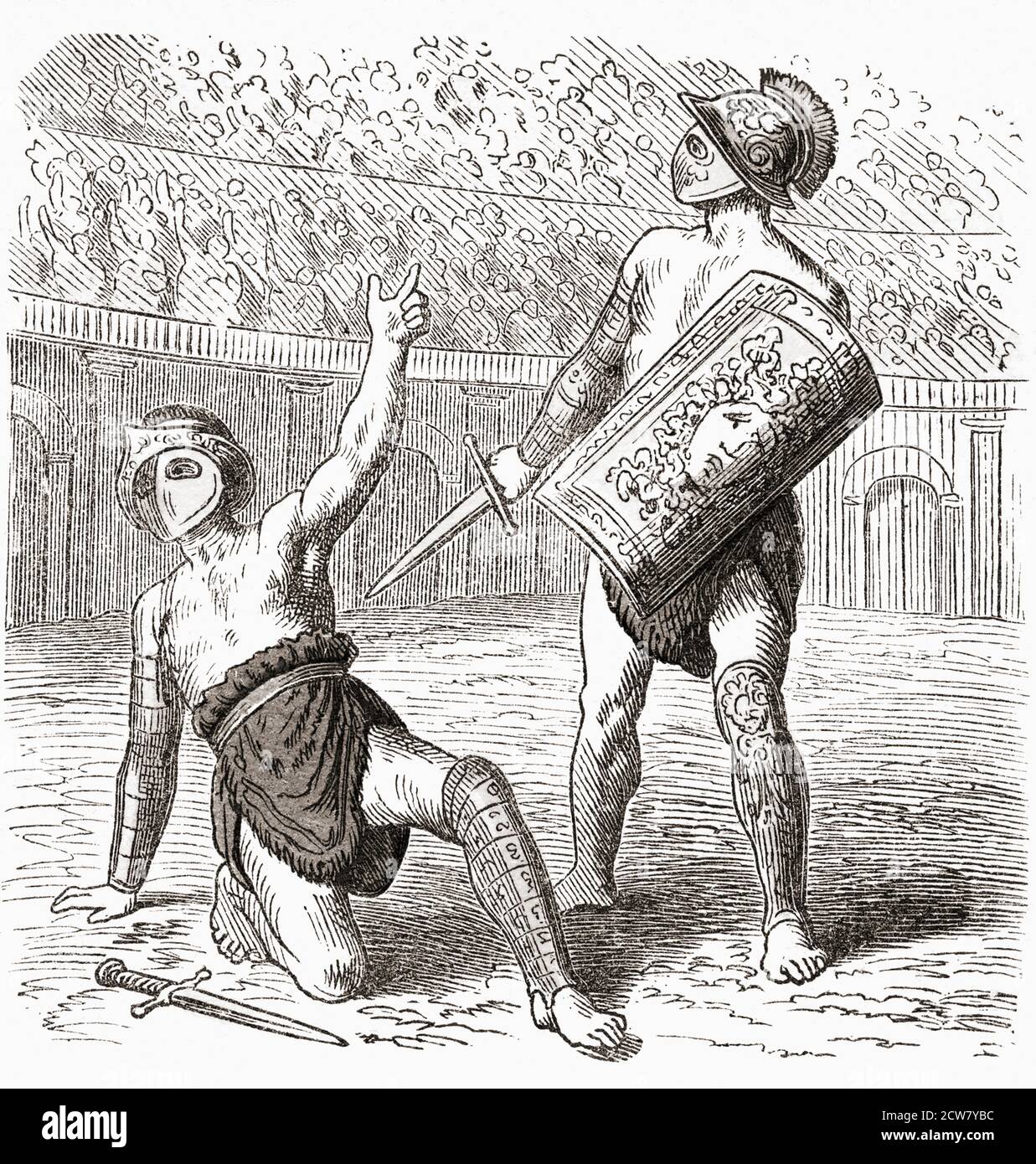 Besiegt Gladiator appelliert an die Menge um Gnade. Nach einer Mitte des 19. Jahrhunderts Illustration von einem unbekannten Künstler. Stockfoto