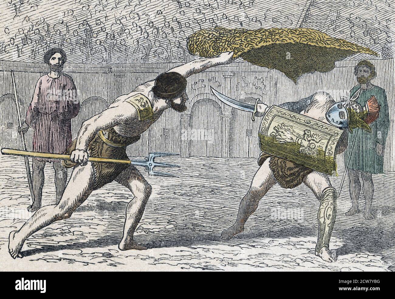 Gladiatorenkampf zwischen einem Retiarius, oder Netzmann, auf der linken Seite und einem Samniten. Nach einer Mitte des 19. Jahrhunderts Illustration von einem unbekannten Künstler. Stockfoto