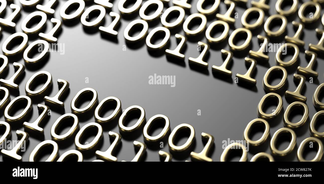 Leerraum auf abstraktem Technologiehintergrund mit Binärcode, Goldnummern 0 und 1 auf Schwarz geprägt. 3d-Illustration Stockfoto