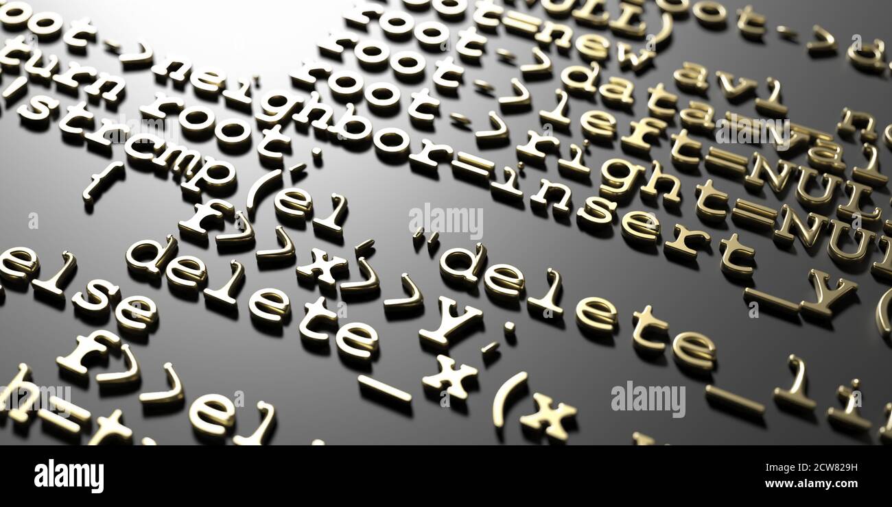 Software entwickeln Programmiercode. Abstrakter Hintergrund der Computertechnologie. Digitale Datenmatrix-Muster, Gold-Algorithmen auf Schwarz geprägt. 3d-Grafik Stockfoto