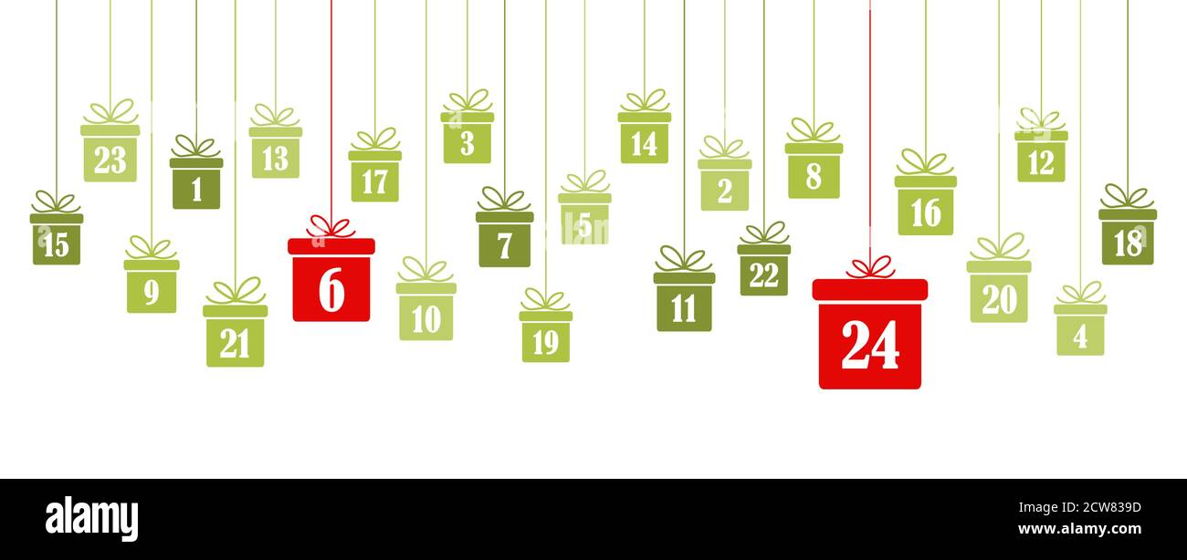 Hängende Weihnachtsgeschenke grün gefärbt mit den Zahlen von 1 bis 24 angezeigt Adventskalender für Weihnachten und Winter zeit Konzepte Stil panorama Stock Vektor