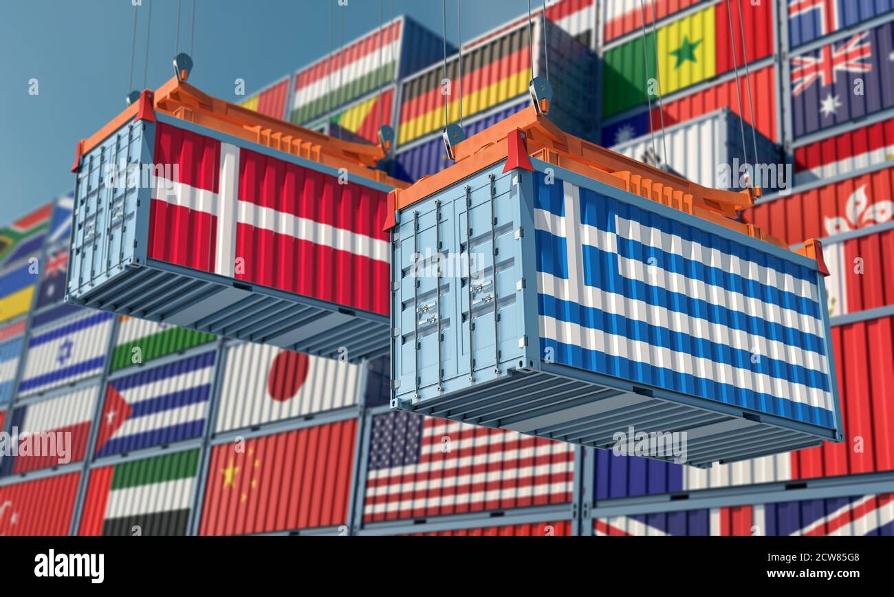 Frachtcontainer mit Dänemark und Griechenland Nationalflagge. 3D-Rendering Stockfoto
