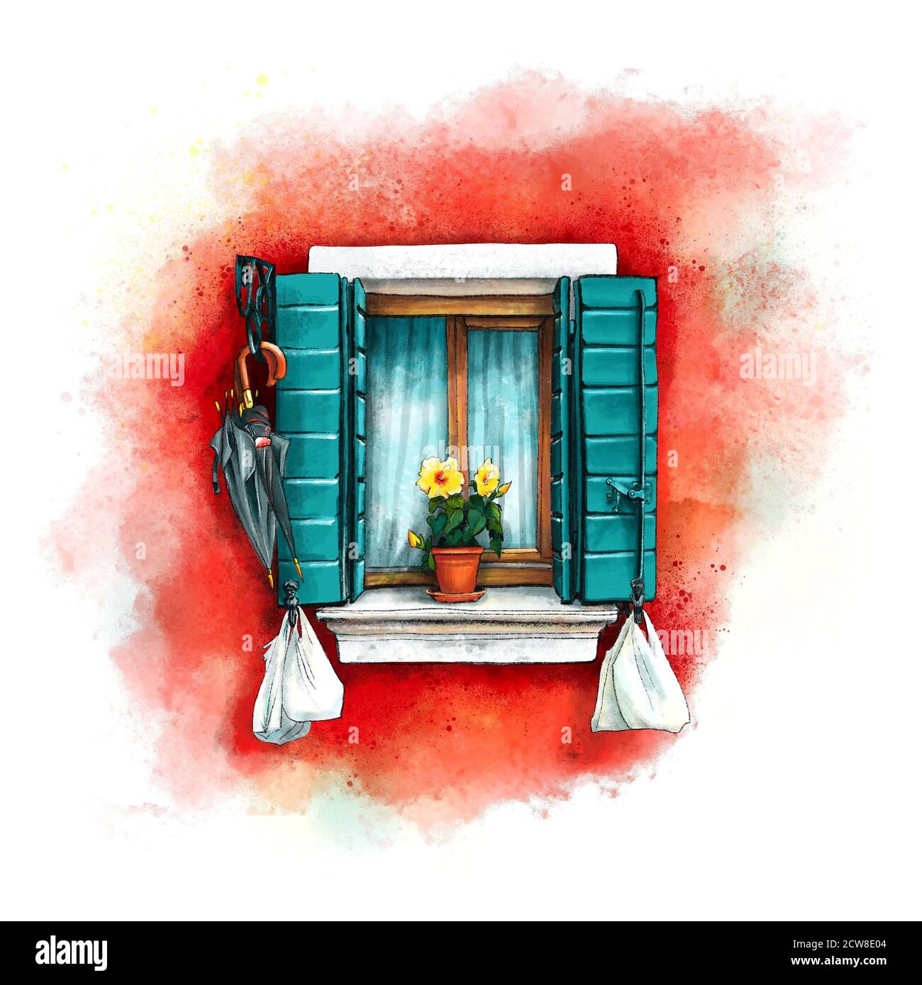 Fenster mit grünen Fensterläden und gelben Blumen an roten Hauswänden auf der Insel Burano, Venedig, Italien. Digitale Zeichnung als Aquarell Stockfoto