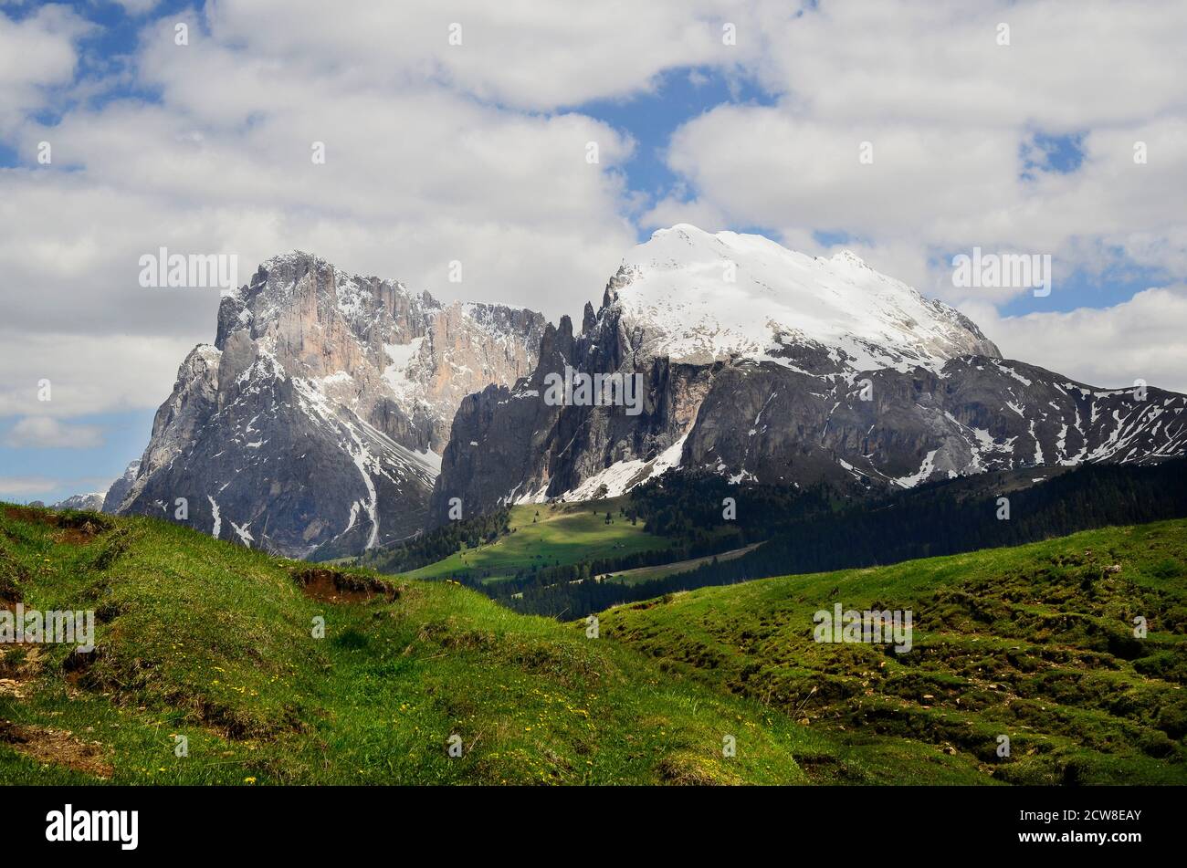 Italien, Südtirol, Seiser Alm, Felsformation Sasso Longo und Sasso Piatto Stockfoto