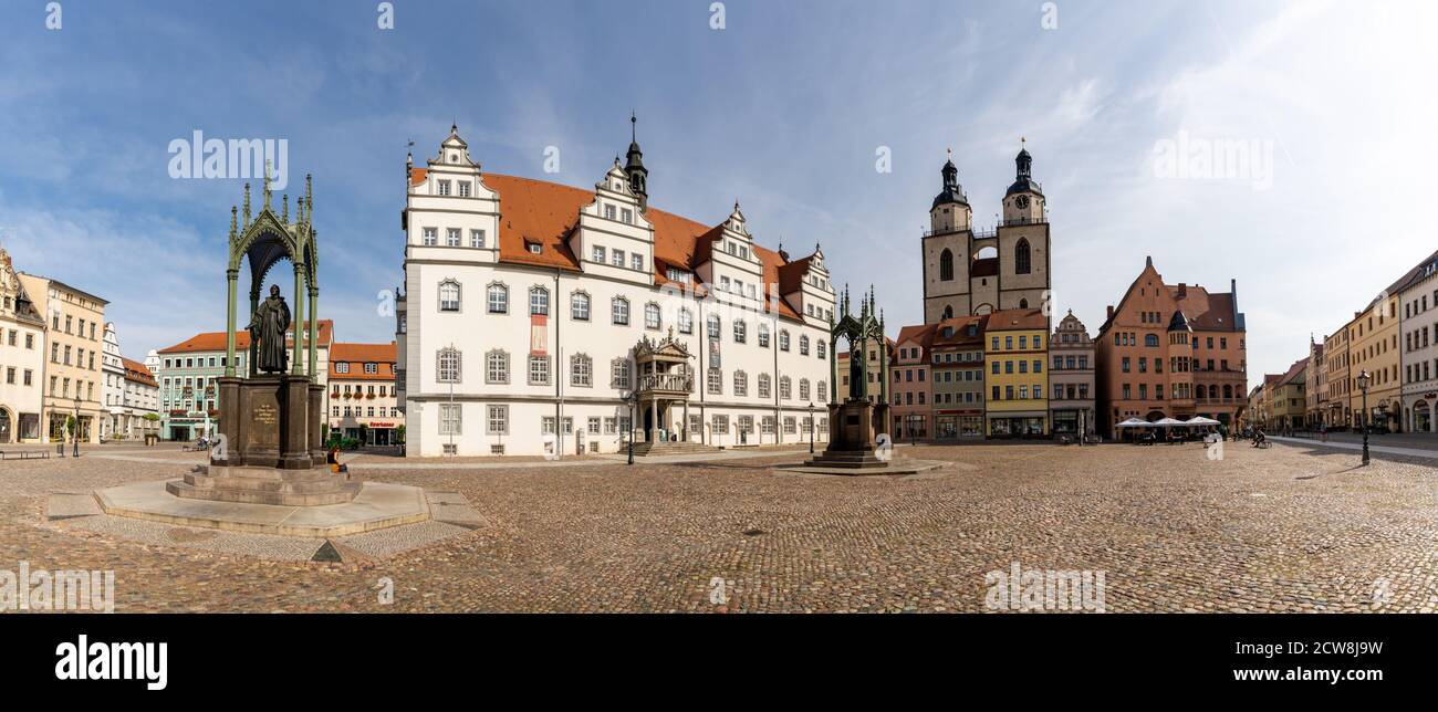 Wiitenberg, S-A / Deutschland - 13. September 2020: Panorama des historischen Marktplatzes in der Lutherstadt Wittenberg Stockfoto