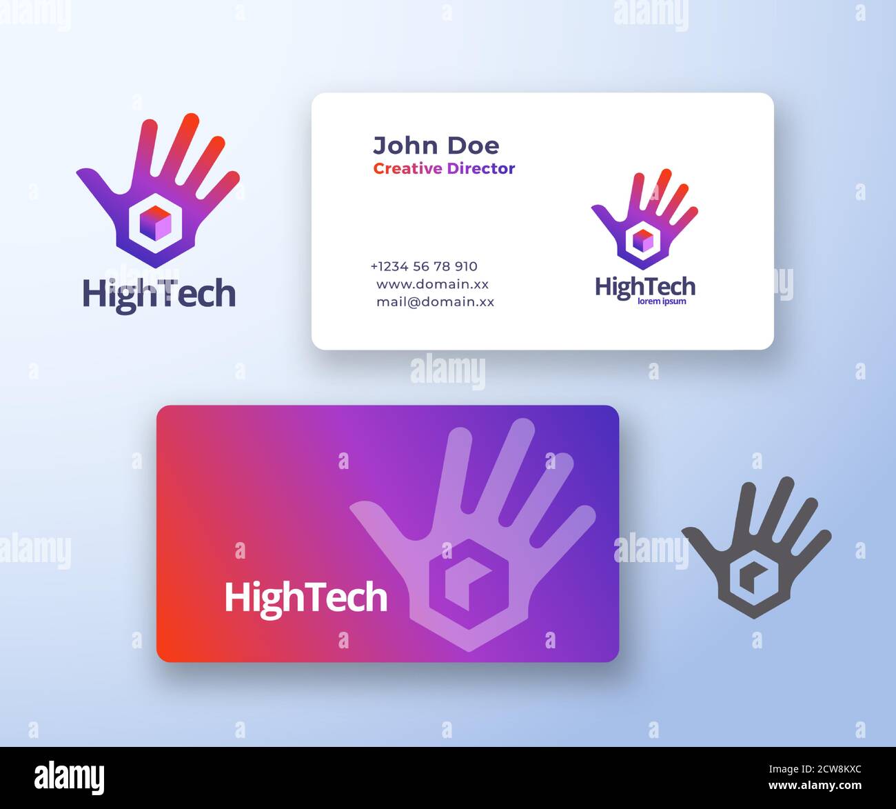 High Five Technologie abstrakte Vektor-Zeichen oder Logo und Visitenkarte Vorlage. Handhand mit Würfelgradient-Symbol mit moderner Typografie. Premium Stock Vektor