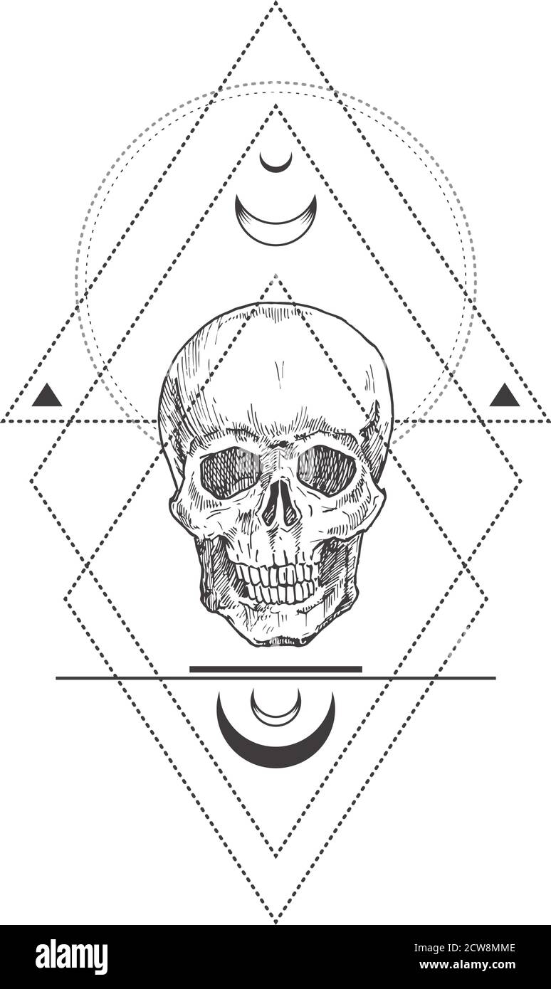 Abstraktes Okkult-Symbol, Vintage-Logo oder Tattoo-Vorlage. Handgezeichnetes Scullkopf-Sketch-Symbol und geometrische mystische Magie Ornamente und Zeichen. Stock Vektor