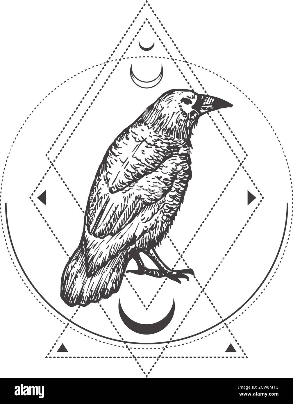 Abstraktes Okkult-Symbol, Vintage-Logo oder Tattoo-Vorlage. Handgezeichnete schwarze Krähe oder Rabe Sketch Symbol und geometrische mystische Magie Ornamente und Stock Vektor